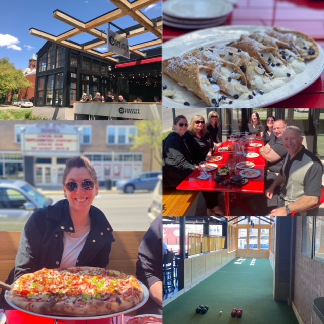 A photo collage of people eating out and having fun